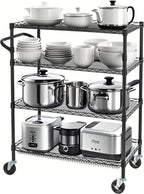 Finnhomy 4 Tier Heavy Duty Commercial Grade Rolling Cart with Handle Bar, Metal Wire Utility Cart with Wheels, Service Trolley on Wheels, Shelf Size 18" D x 36" W, NSF, Black