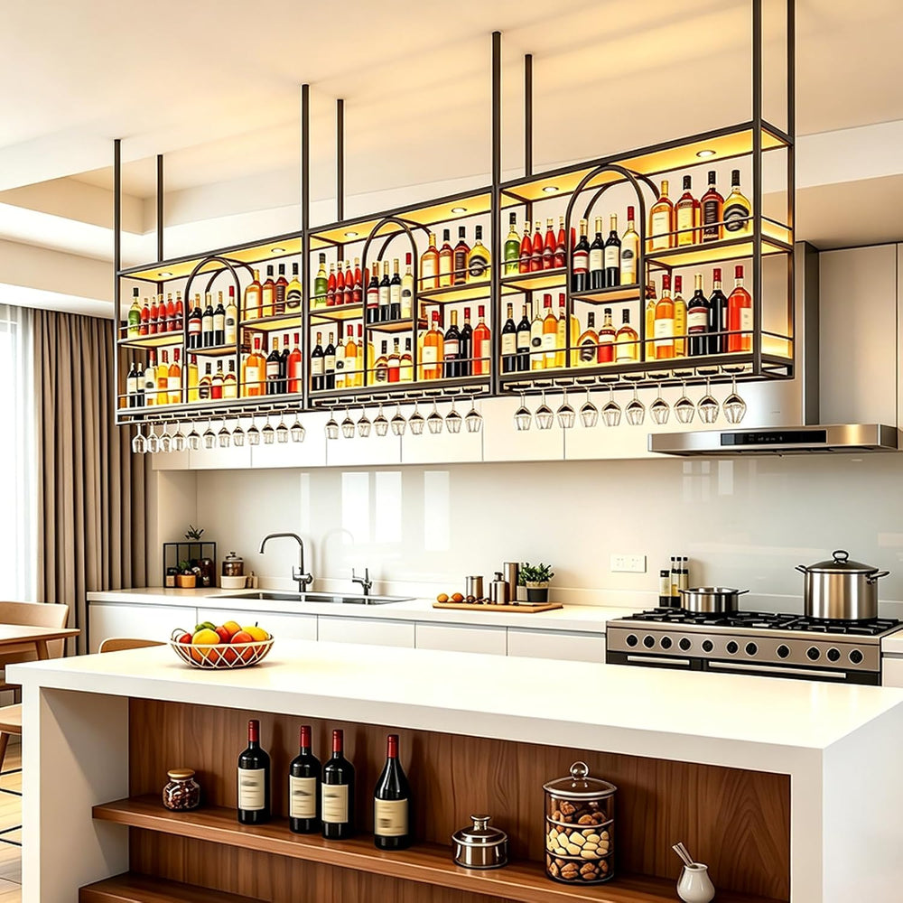 47.2in Industrial Black Metal floating Hanging Wine shelf, ceiling mounted wi...
