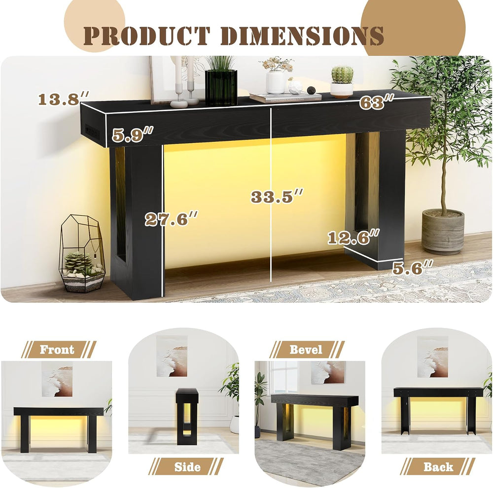 Grepatio Long Console Table with LED Light, 63 Inch Wood Entryway Table with ...
