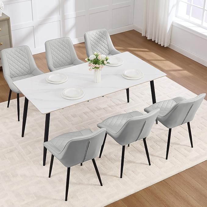 Dining Chair Set of 6, Modern Dining Chairs with Thick Cushions, Faux Leather Upholstered Kitchen Dining Room Chairs with Metal Adjustable Legs for Dining Living Room, Light Grey