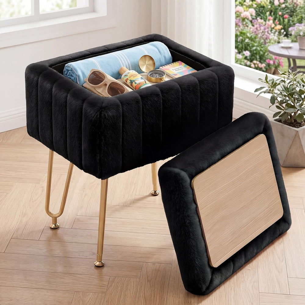 DUMOS Vanity Stool Chair with Storage, Small Ottoman Faux Fur Soft Padded Foo...