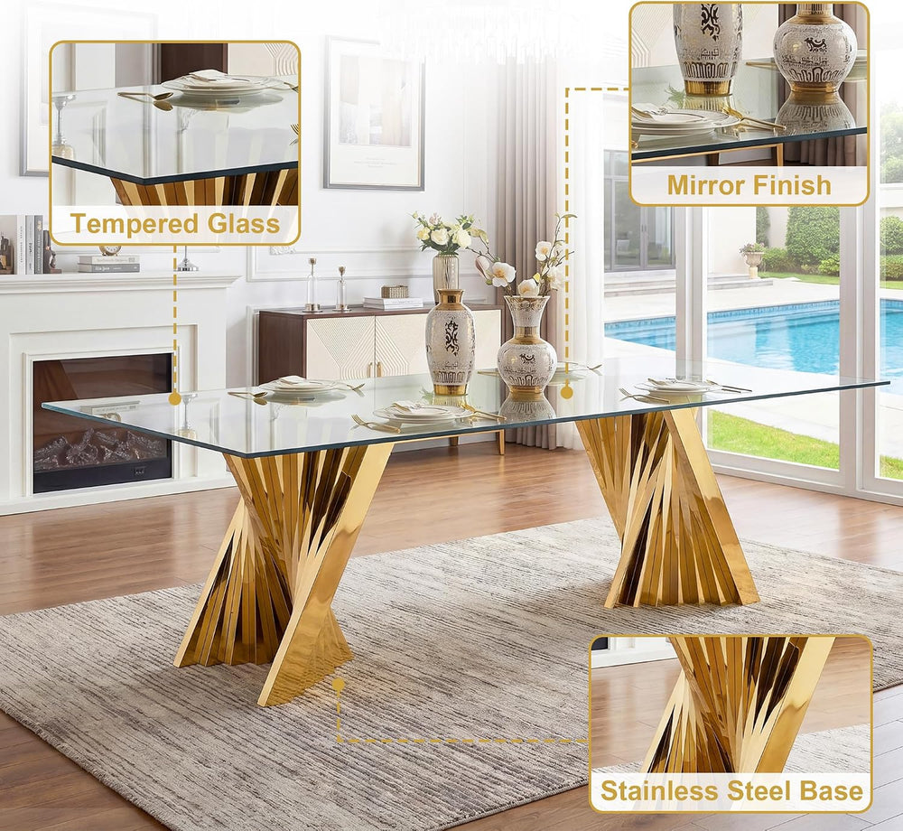 94" Modern Glass Gold Dining Table for 8-10, Luxury Kitchen Table with T...