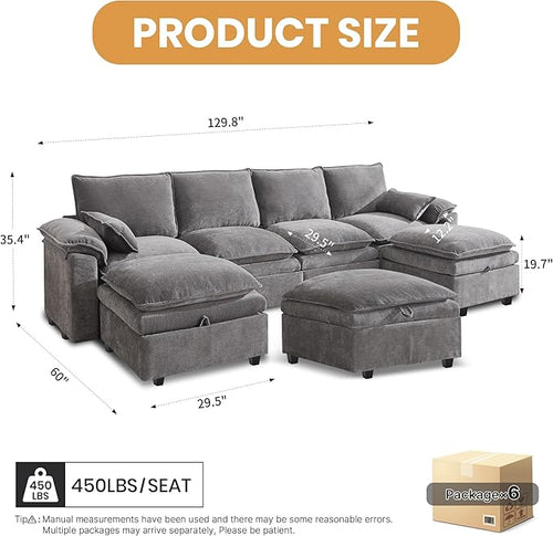 130" U Shaped Modular Sectional Sofa, Couch with Ottoman Storage, Chenille Cloud Couch with Plush Deep Seating for Living Room, Bedroom (Light Grey, 7 Seat)