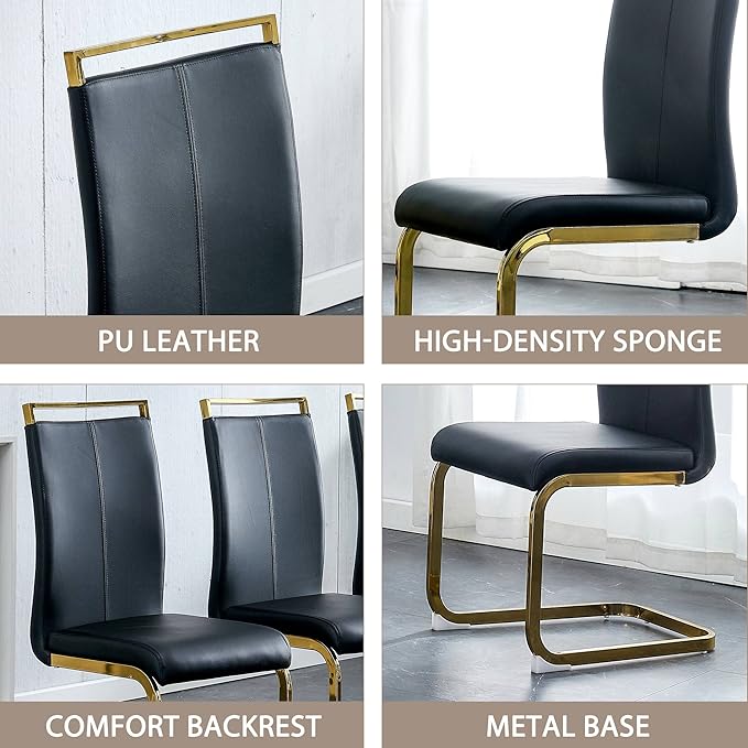 AZmac Modern Leather Dining Chairs Set of 6,Armless Kitchen Chairs,Dining Room Chairs with Upholstered Padded Seat and Sturdy Gold Legs for Dining Room,Kitchen (Set of 6, Black-Gold Leg)