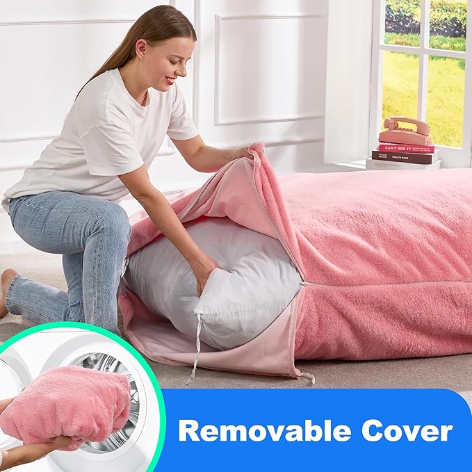 Hobestluk 3 in 1 Bean Bag Chair Giant Bean Bag Chairs for Adults with Chevron Plush Fur Cover Convertible Bean Bag Floor Cushion with Machine Washable Cover for Living Room (Plush Pink)