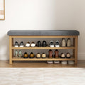 2 Tier Shoe Rack Bench with Cushion, Rubberwood Shoe Benches, Mid-Century Modern Shoe Storage Bench for Entryway, Hallway, Living Room, Closet, Front Door Entrance, Dark Grey