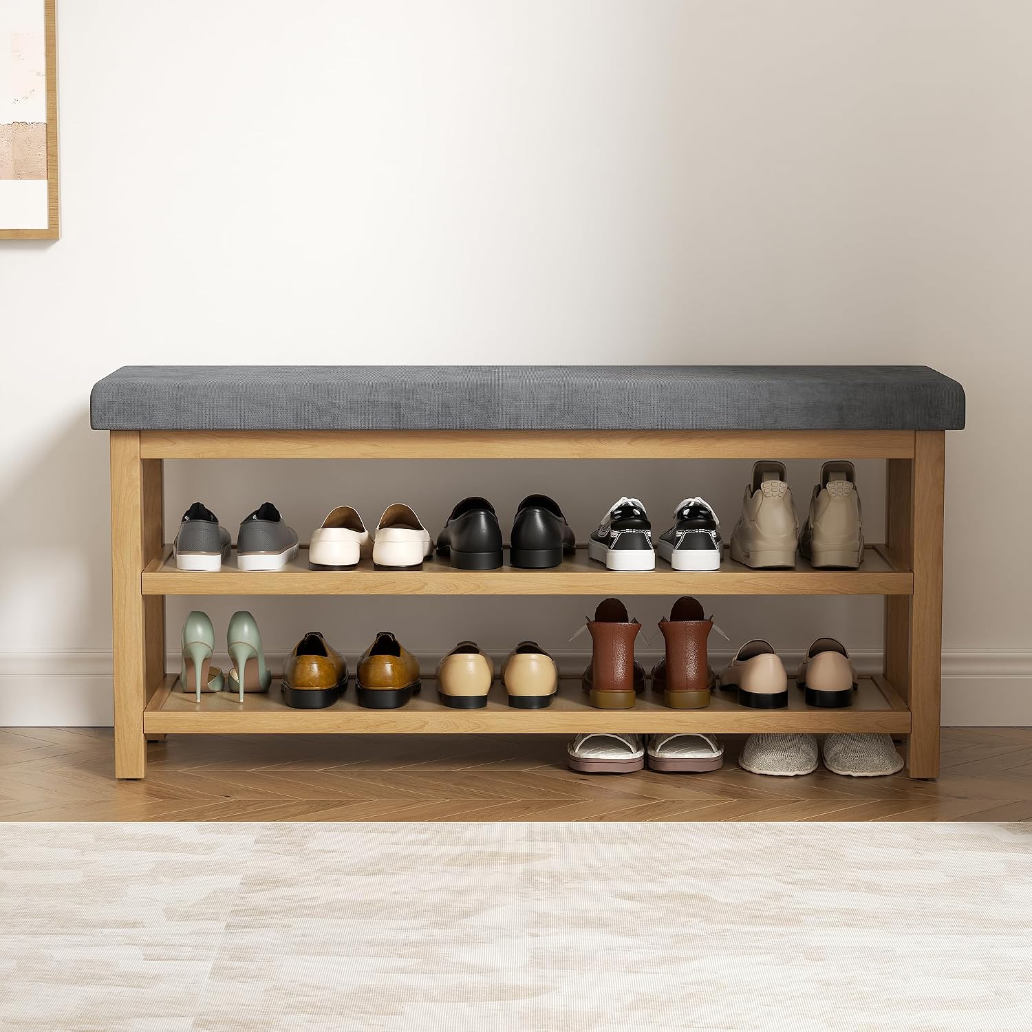 2 Tier Shoe Rack Bench with Cushion, Rubberwood Shoe Benches, Mid-Century Modern Shoe Storage Bench for Entryway, Hallway, Living Room, Closet, Front Door Entrance, Dark Grey