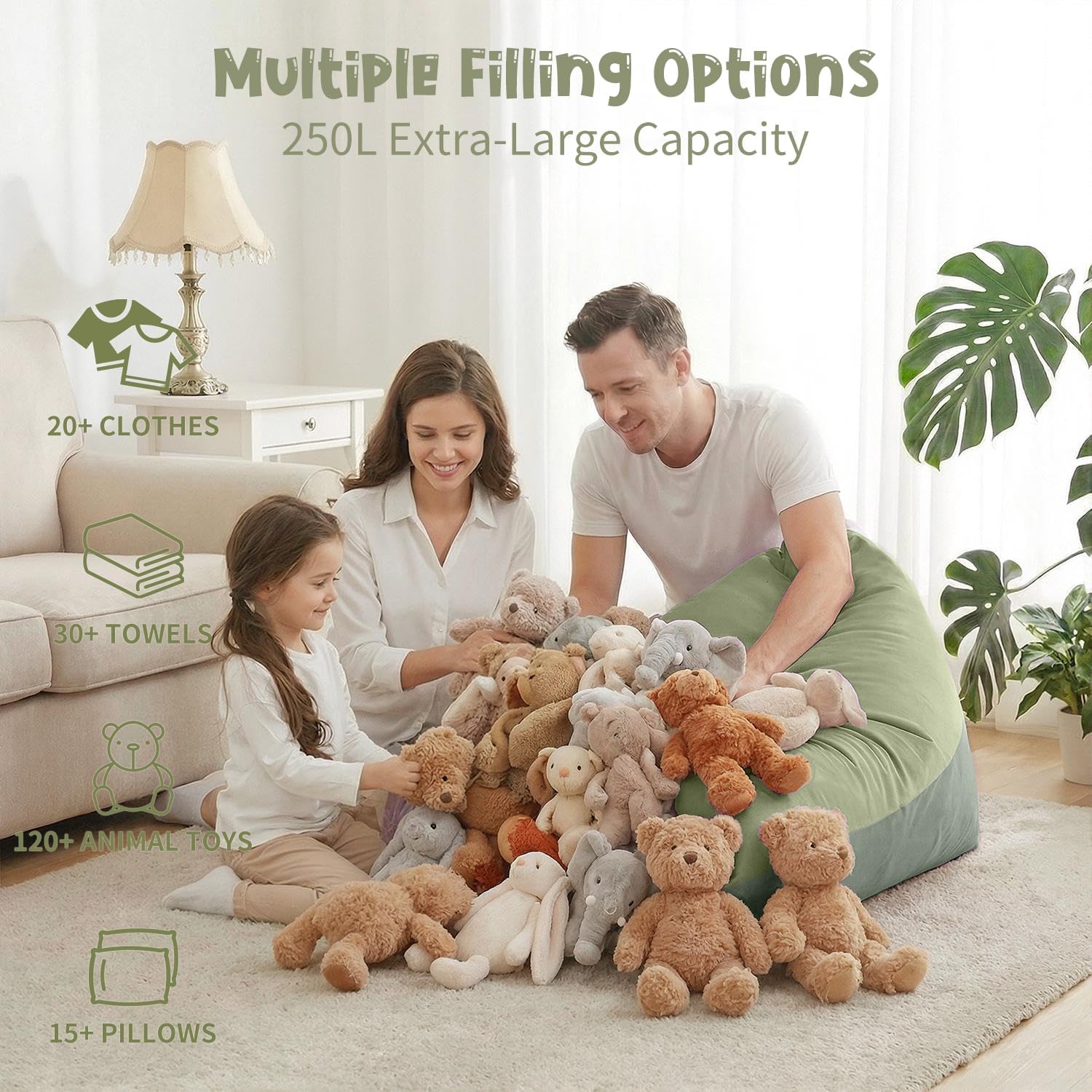 Stuffed Animal Storage Bean Bag Chair Cover for Kids (No Filler), 250L Extra Large Premium Velvet Lazy Sofa Cover, Washable Ultra Soft Triangular Bean Bag Chair Cover(Green)