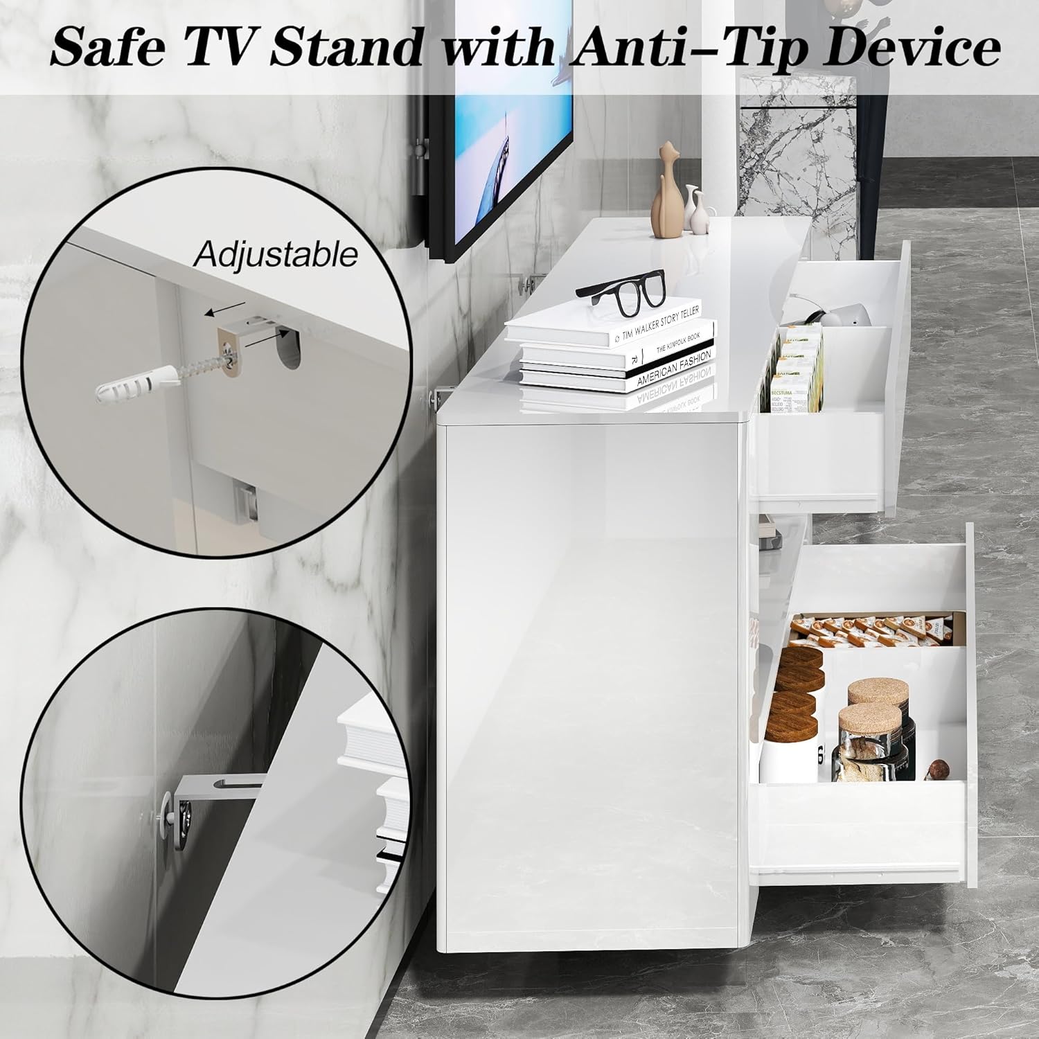 TV Stand High Gloss TV Cabinet with 2 Large Drawers & Push-Open Doors, Modern TV Console Storage Cabinet for Living Room, Office, White