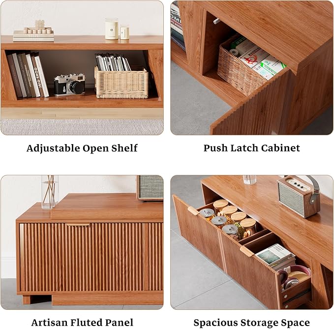 98 Inch TV Stands for Living Room, Wooden Extra Long TV Stand with Adjustable Shelf and Drawers, Flutted Extendable TV Console with Storage Cabinet, Warm Brown Oak (64.57" W-98.43" W)