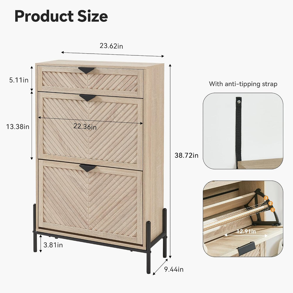 Shoe Cabinet with 2 Flip Drawers, Narrow Entryway Rack, Oak
