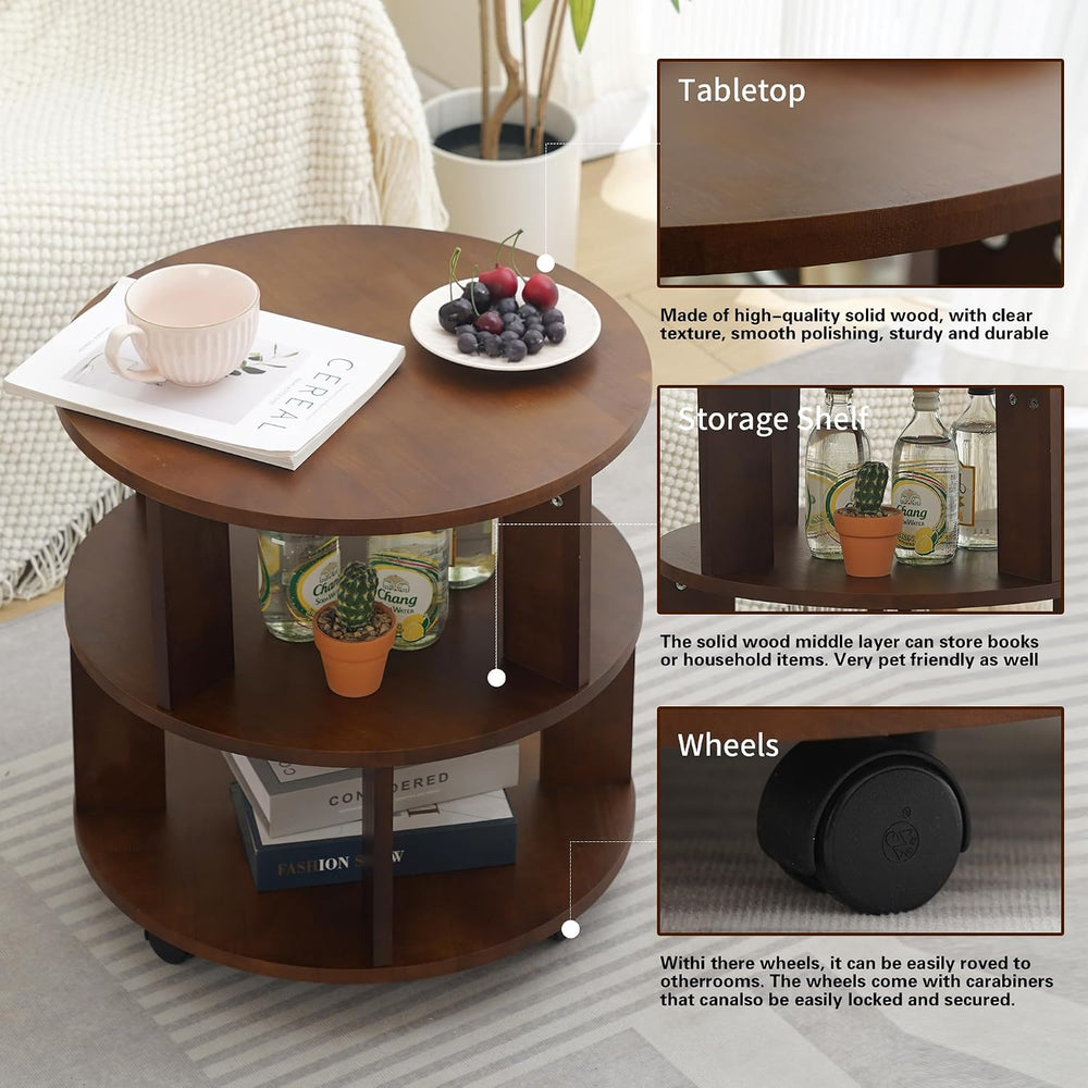 Solid Wood Coffee Table with Wheels,Modern Rolling Side Table for Living Room...