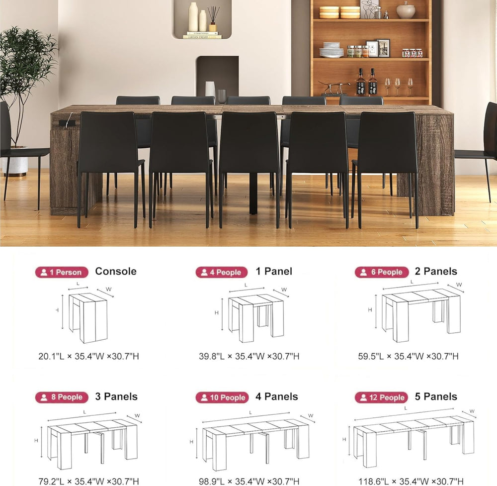 Extendable Dining Table with Built-in Power Outlet, 118” Expandable Dining Ta...