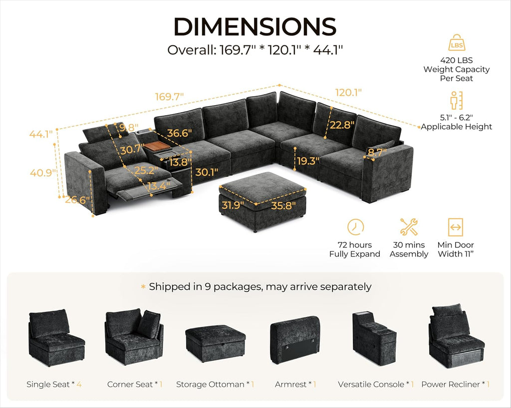 170" Modular Power Reclining Sectional 7 Seater Couch with Ottoman Chenille | Oversized Cloud, Console Table, Charging Storage, Wall Hugger, Headrest, Washable Cover, for Home Theater Living Room, Black