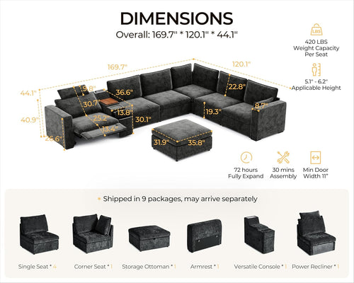170" Modular Power Reclining Sectional 7 Seater Couch with Ottoman Chenille | Oversized Cloud, Console Table, Charging Storage, Wall Hugger, Headrest, Washable Cover, for Home Theater Living Room, Black