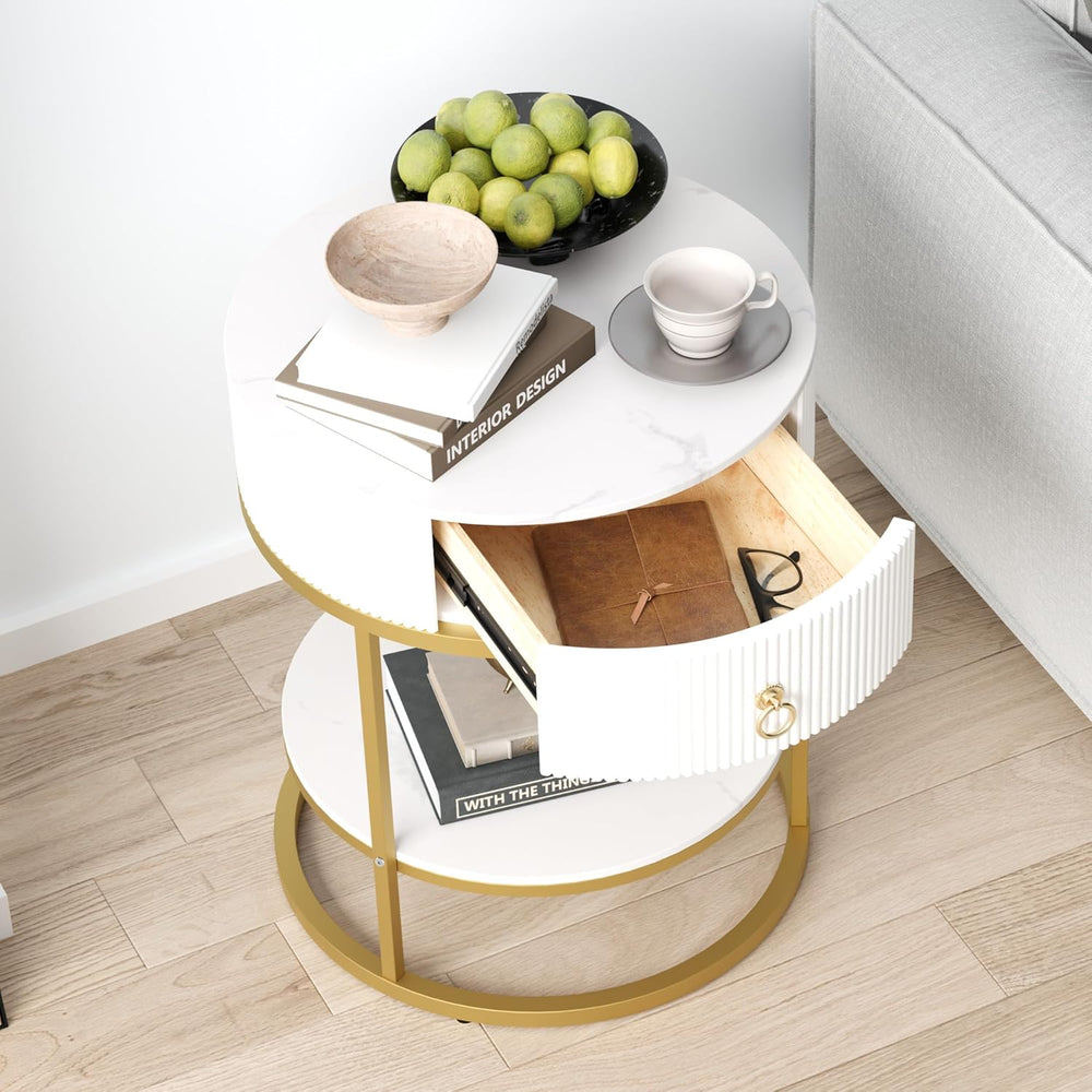 SUNBURY 19.7" Round Side Table with Drawer, Modern Faux Marble End Table...