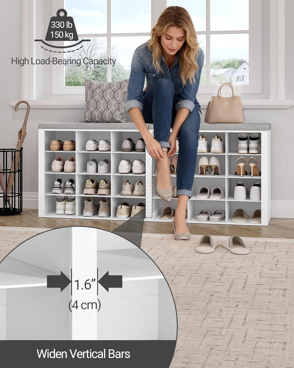 Hzuaneri Shoe Storage Bench with Cushion, Entryway Storage Bench with 24 Cubb...