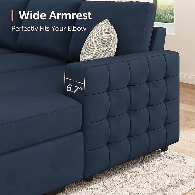 HONBAY Sleeper Sectional Couch with Pull-Out Bed Sectional Sleeper Sofa Pull Out Bed with Storage Chaise, 6 Seaters Couch for Living Room, Velvet Blue