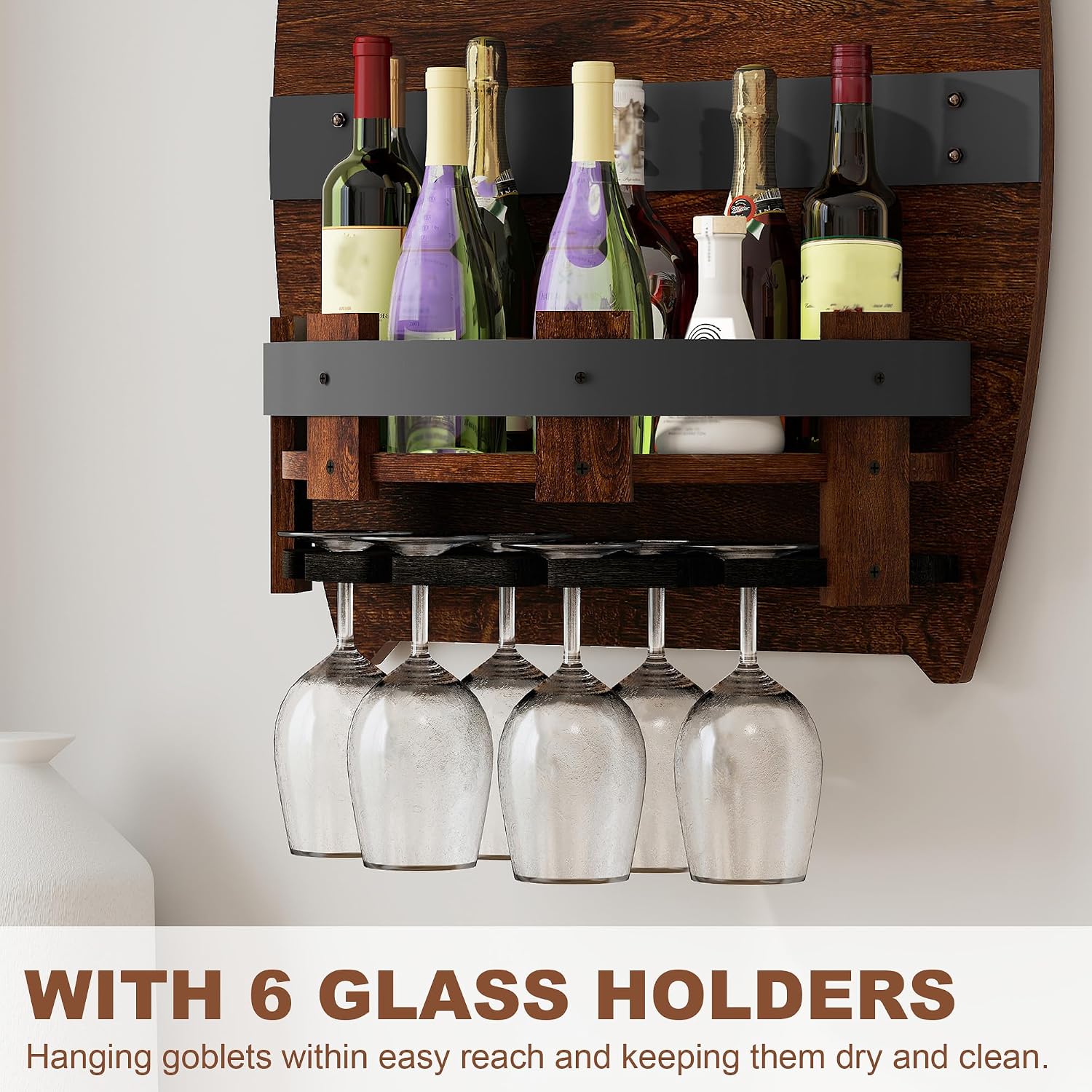 Whiskey Barrel Shelf Wall Mounted, Vintage Wine Rack With Glass Holder | Wooden Handmade Bourbon Shelf, Bar Liquor Bottle Holder, Gift For Wine Lover, Drinks Cabinet Rack for Whiskey, Beer