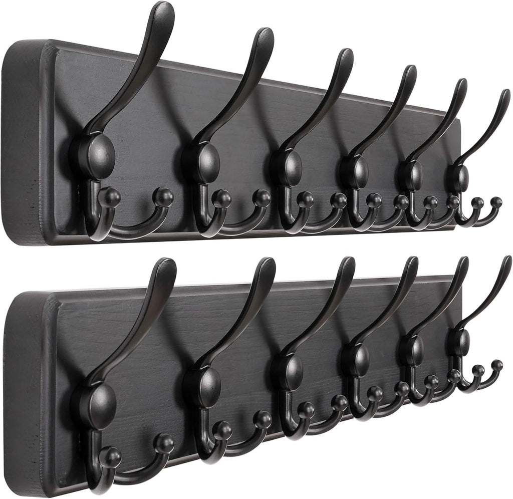 Dseap Coat Rack Wall Mounted - 24" Long 6 Tri Hooks, Heavy Duty Wooden Wall Coat Hanger Coat Hook for Clothes Hat Jacket Clothing, Black, Pack of 2