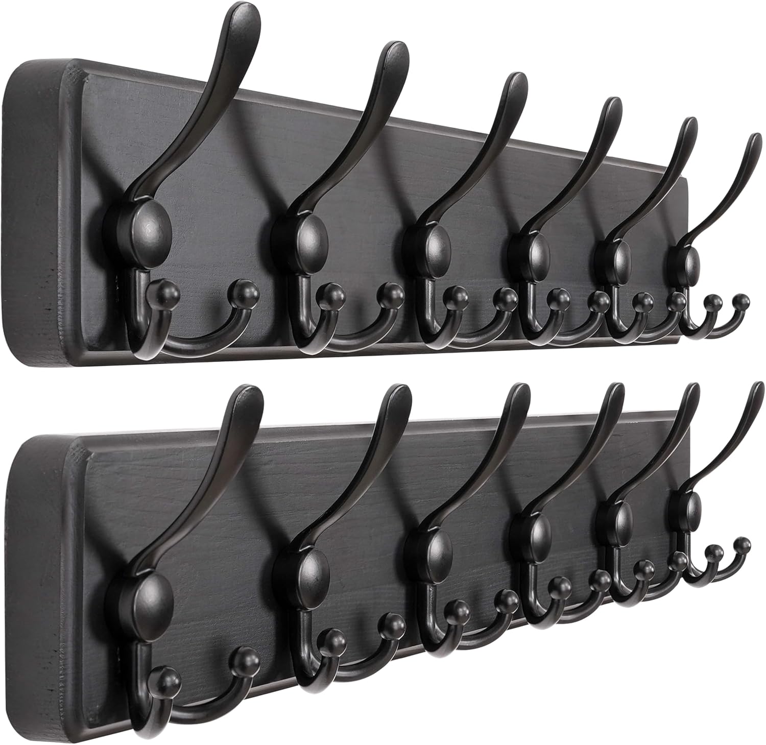 Dseap Coat Rack Wall Mounted - 24" Long 6 Tri Hooks, Heavy Duty Wooden Wall Coat Hanger Coat Hook for Clothes Hat Jacket Clothing, Black, Pack of 2