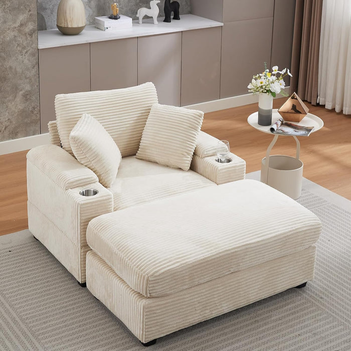 LUCKHAO 42.12" Oversized Chair with Ottoman,Chaise Lounge Chair Indoor with Ottoman & Storage,Comfy Corduroy Reading Chairs with Cup Holder for Bedroom & Living Room(Beige)