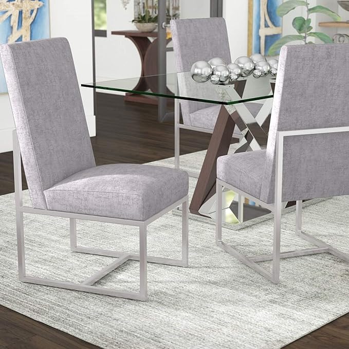 Manhattan Comfort Element Modern Velvet Dining Chairs, High Density Foam, Chrome Finish Stainless Steel Frame, High-Back, Fully Assembled Industrial Chic Accent Furniture, Set of 1, Grey
