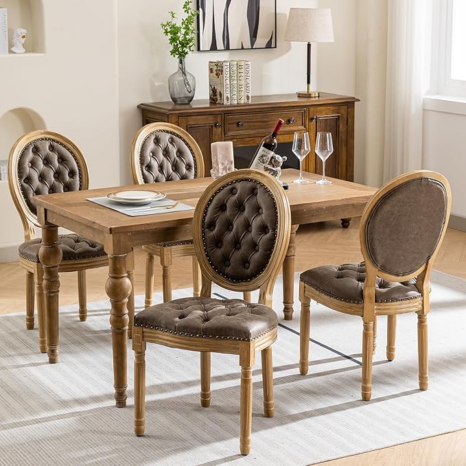 French Country Dining Chairs Set of 4, Tan Kitchen & Dining Room Chairs, Taupe Faux Leather Kitchen Chairs, Tufted Upholstered, Wood Legs, Sillas De Comedor (PU, Brown, 4Pcs)