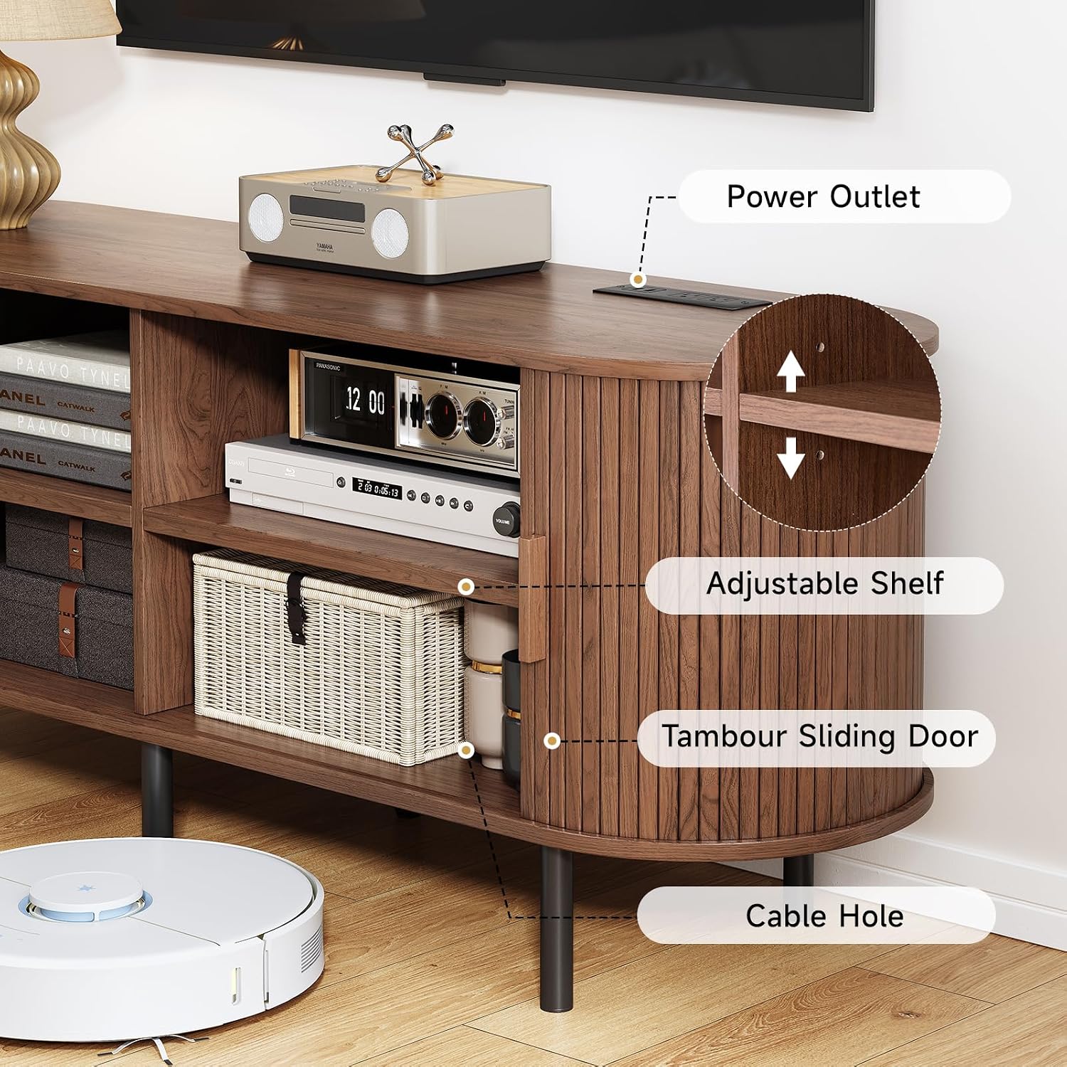 86.6" TV Stand with Power Outlet, Mid-Century Modern Television Stand, Fluted Media Console with Sliding Doors, Entertainment Center for TVs up to 90 Inch, Adjustable Shelves, Walnut