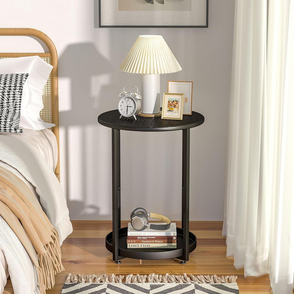 Small Round Side Table, 2 Tiers End Table, Nightstand with Metal Storage Shel...