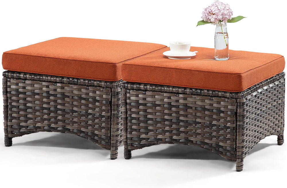 Outdoor Ottomans for Patio Set of 2 PE Wicker Steel Frame Outdoor Footstool w...