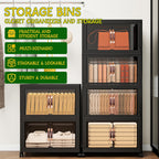 Storage Bins with Lids and Wheels, Collapsible Bathroom Storage Cabinet with Clear Doors, Plastic Stackable Closet Organizers and Storage Containers Black 199 QT