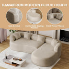 Luxury Modern Tight Curved Back Sofa, 111" Minimalist Style Comfy Couch for Living Room, 4 Seater Modular Chenille Sectional with 4 Throw Pillows,No Assembly Needed,Light Brown(Right-Facing Chaise)