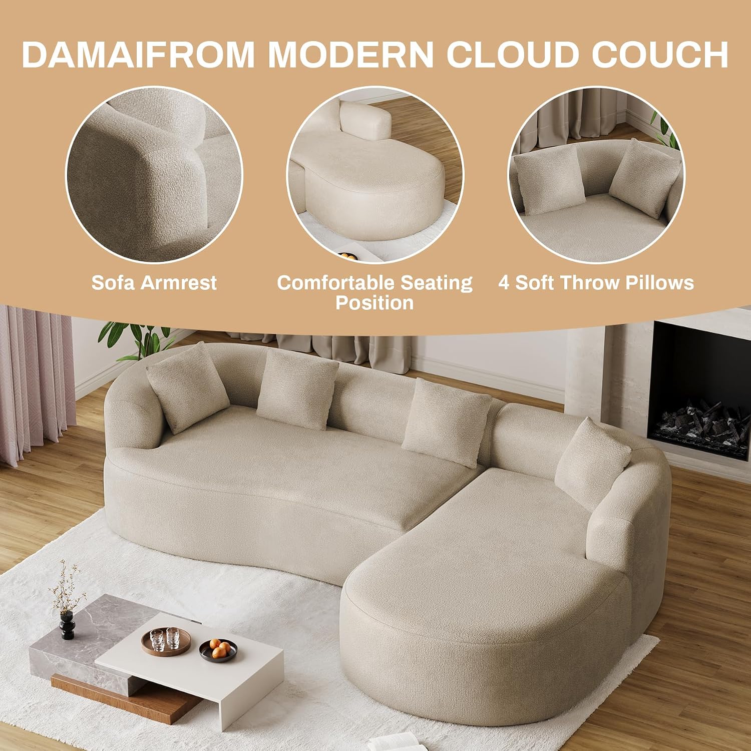 Luxury Modern Tight Curved Back Sofa, 111" Minimalist Style Comfy Couch for Living Room, 4 Seater Modular Chenille Sectional with 4 Throw Pillows,No Assembly Needed,Light Brown(Right-Facing Chaise)