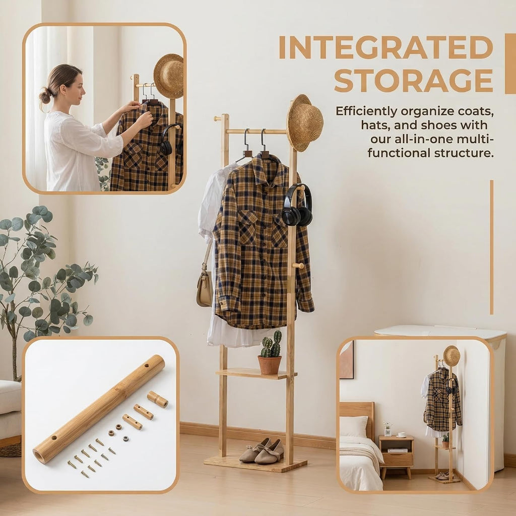 latifolia Clothes rack, Solid Wood Clothing Rack Witch Hooks and Shelves, 15.75 inch Garment rack With Storaege for Living Room, Nature