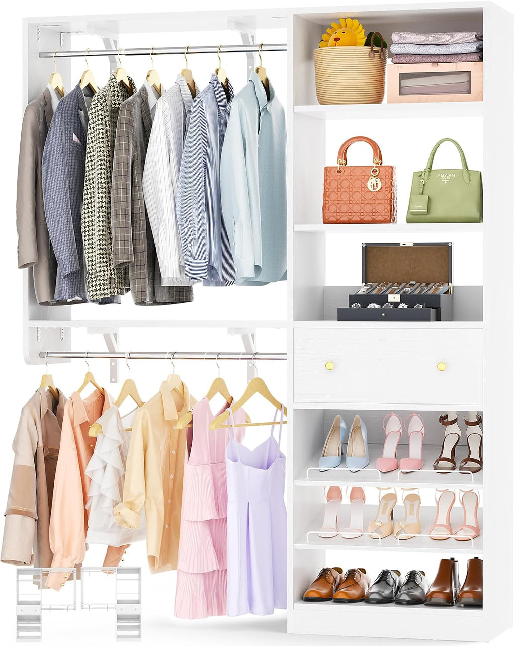 Closet System with Drawer - Reversible 5FT Wood Closet Organizer System with 2 Hanging Rods and Adjustable Shelf, Walk In Closet Organizers with Shoe Rack, Built-In Garment Rack Clothes Rack, White