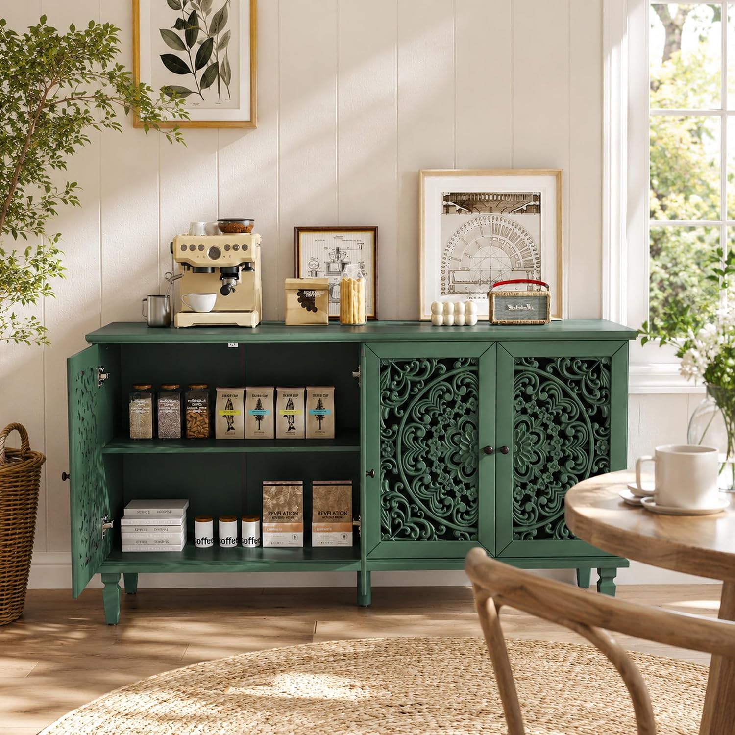 Green Sideboard Cabinet with Carved Doors, Green Buffet Cabinet, Vintage Cabinet with Storage Shelves, Farmhouse Storage Cabinet for Dining Room, Living Room & Entryway