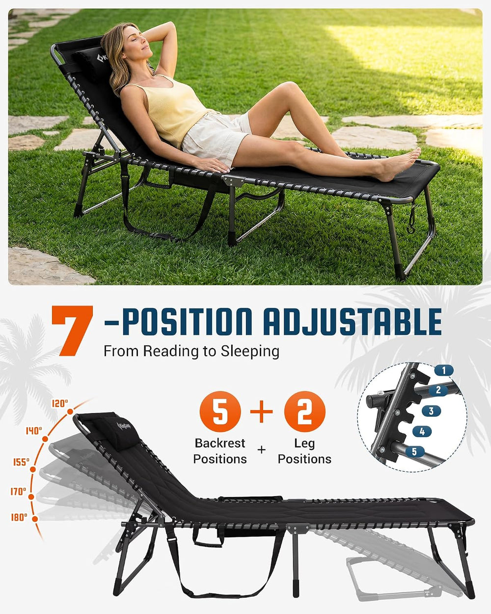 KingCamp Oversized Tanning Chair Padded Lounge Chair, Black | Extra-Wide Padd...
