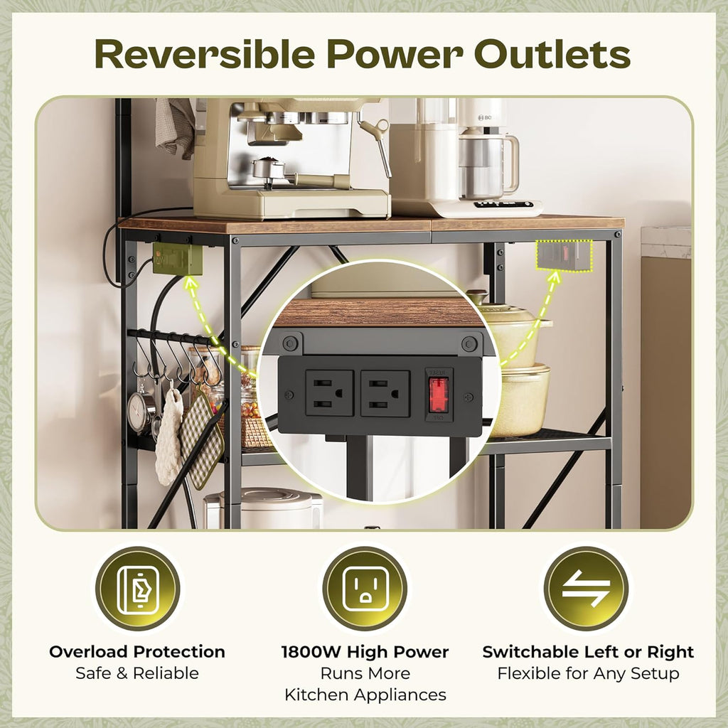 Huuger 4-Tier Bakers Rack with Reversible Power Outlet, 23.6 Inch Microwave Stand, Kitchen Coffee Bar, with Top Shelf, 6 S Hooks, Rustic Brown