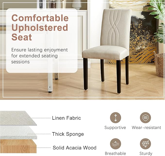 VECELO Upholstered Dining Chairs Set of 2, Modern Fabric and Solid Wood Legs & High Back for Kitchen/Living Room- Beige