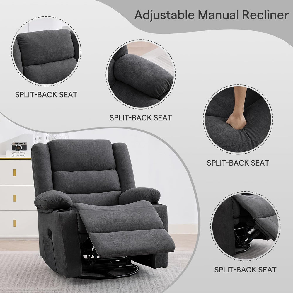 360°Swivel Rocking Chairs for Adult,Recliner Chair with Side Pockets and Cup ...