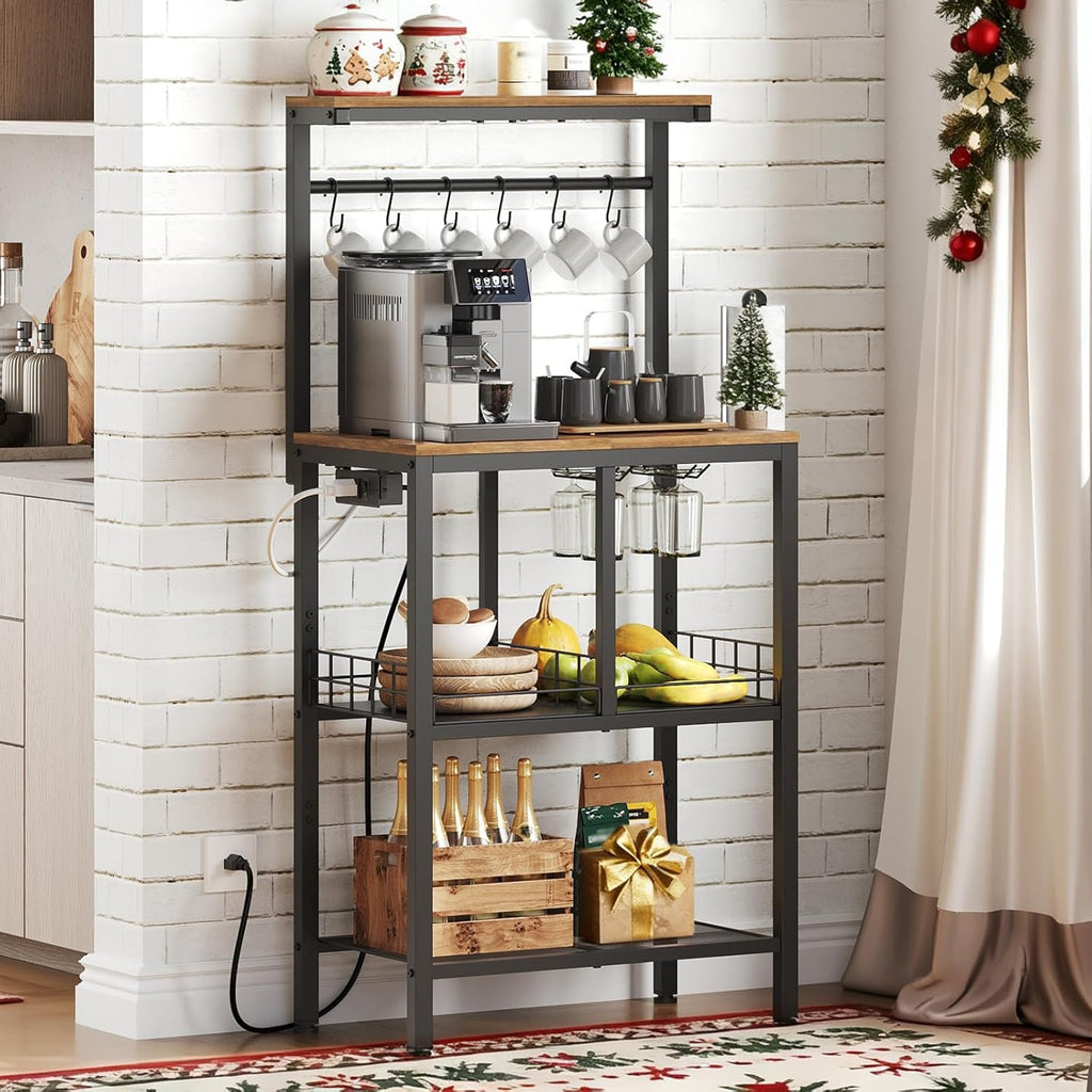 YATINEY Bakers Rack with Power Outlet, Microwave Stand with Paper Holder, Coffee Bar Station with Wine Glass Holder, 4-Tier Kitchen Storage Rack for Dining Room, Living Room, Rustic Brown HB02UBR