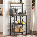YATINEY Bakers Rack with Power Outlet, Microwave Stand with Paper Holder, Coffee Bar Station with Wine Glass Holder, 4-Tier Kitchen Storage Rack for Dining Room, Living Room, Rustic Brown HB02UBR