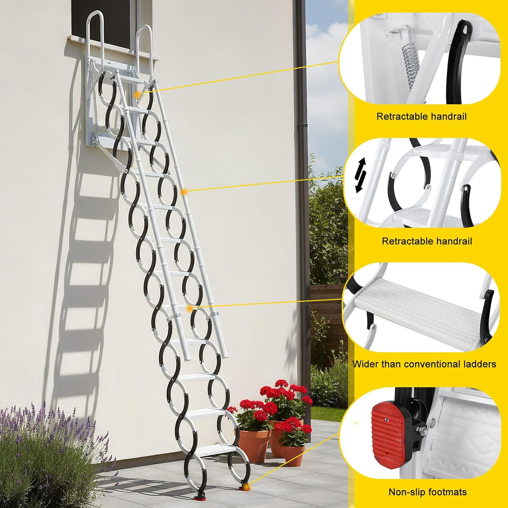 11 Steps Ceiling Mount Attic Staircase with Handrails, Foldable Loft | Includes 11-step wall-mounted attic stairs with handrails for home or garage. Space-saving foldable design, high stability,