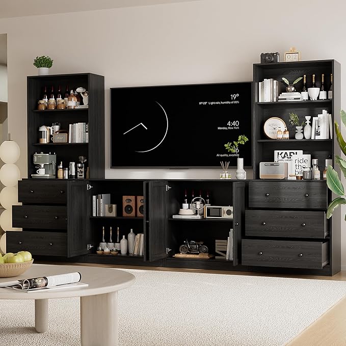 TUSY 71" Large TV Stand Set - TV Entertainment Center for TVs up to 65", Media Center with Tempered Glass Doors and Drawer, TV Hutch with Bookshelves for Living Room (Black, BCCB)