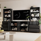 TUSY 71" Large TV Stand Set - TV Entertainment Center for TVs up to 65", Media Center with Tempered Glass Doors and Drawer, TV Hutch with Bookshelves for Living Room (Black, BCCB)