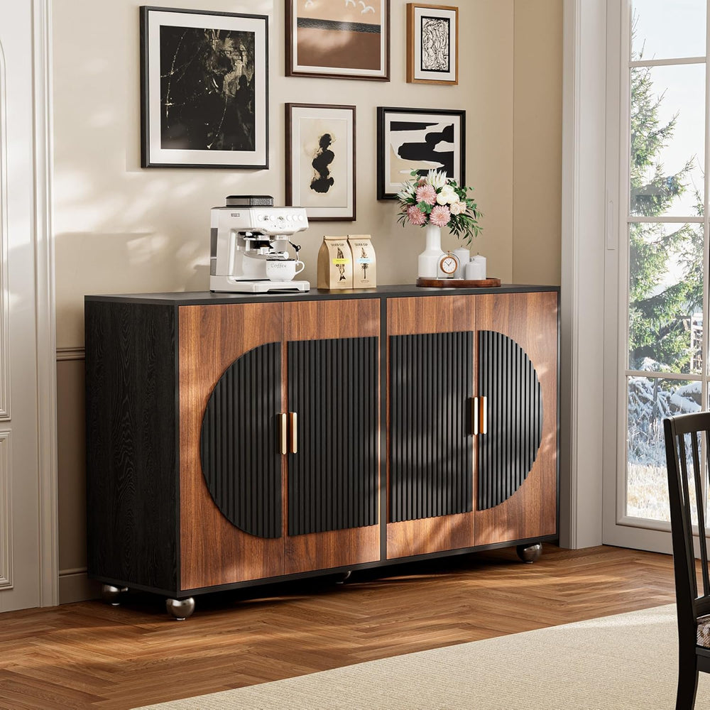 87" Fluted Modular Buffet Cabinet with Arched Doors & Gold Handles, ...