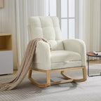 Modern Nursery Rocking Chair, Comfortable Rocker Recliner with Side Pocket, Footrest, Mid Century Upholstered Rocker Glider for Living Room, Bedroom, Nursing Room, High Back & Wood Legs, Teddy Beige