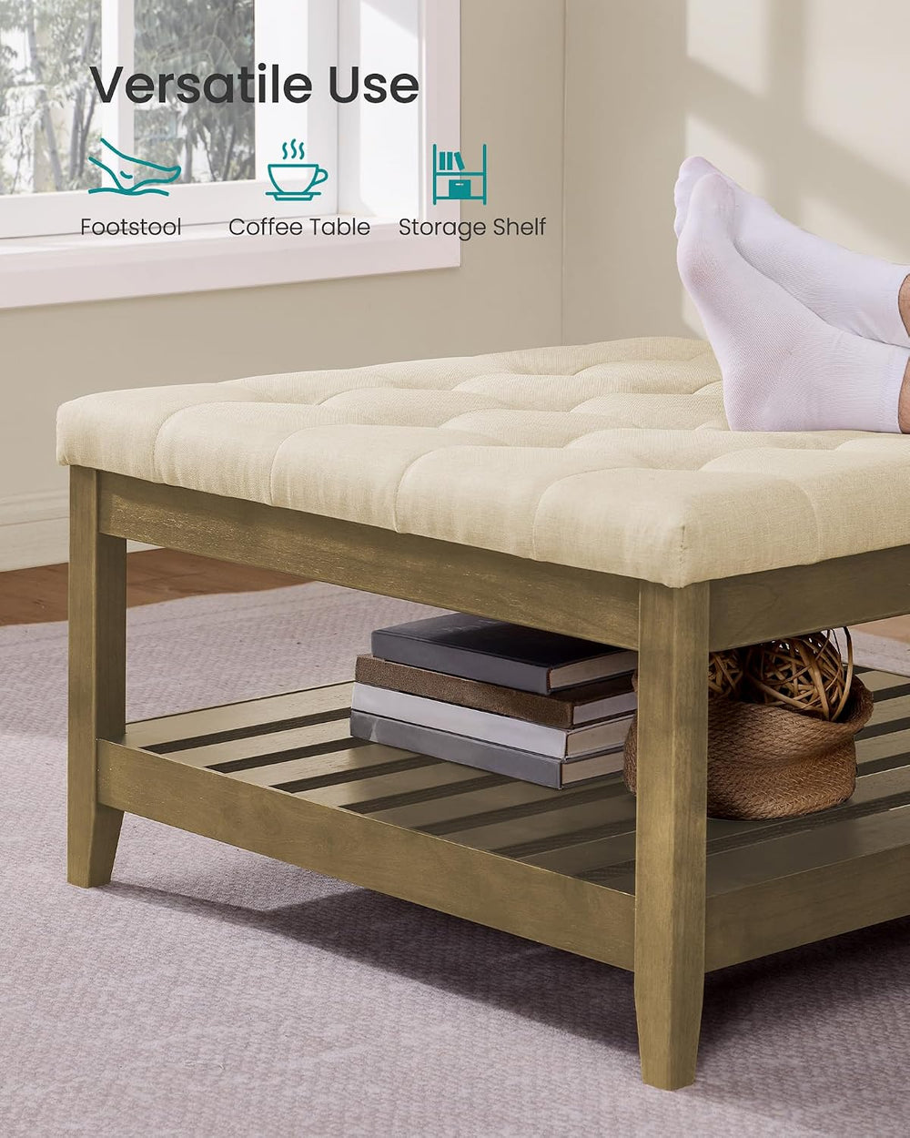 SONGMICS Storage Ottoman with Solid Wood Frame, Square Upholstered Ottoman Co...
