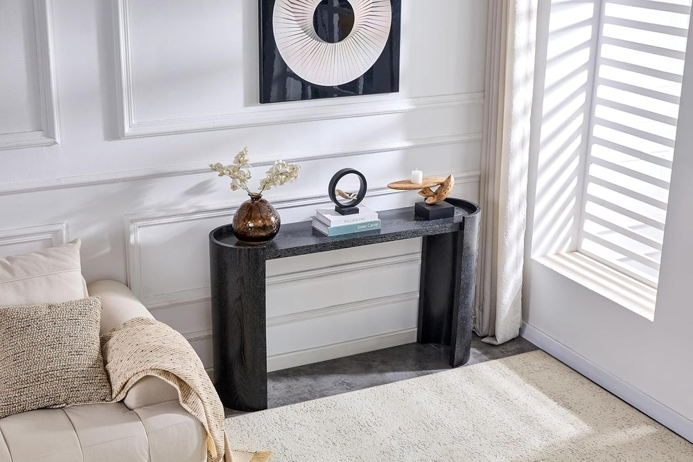 Black Curved Foyer Table Black Wood Grain Entrance Small Space Living Room So...